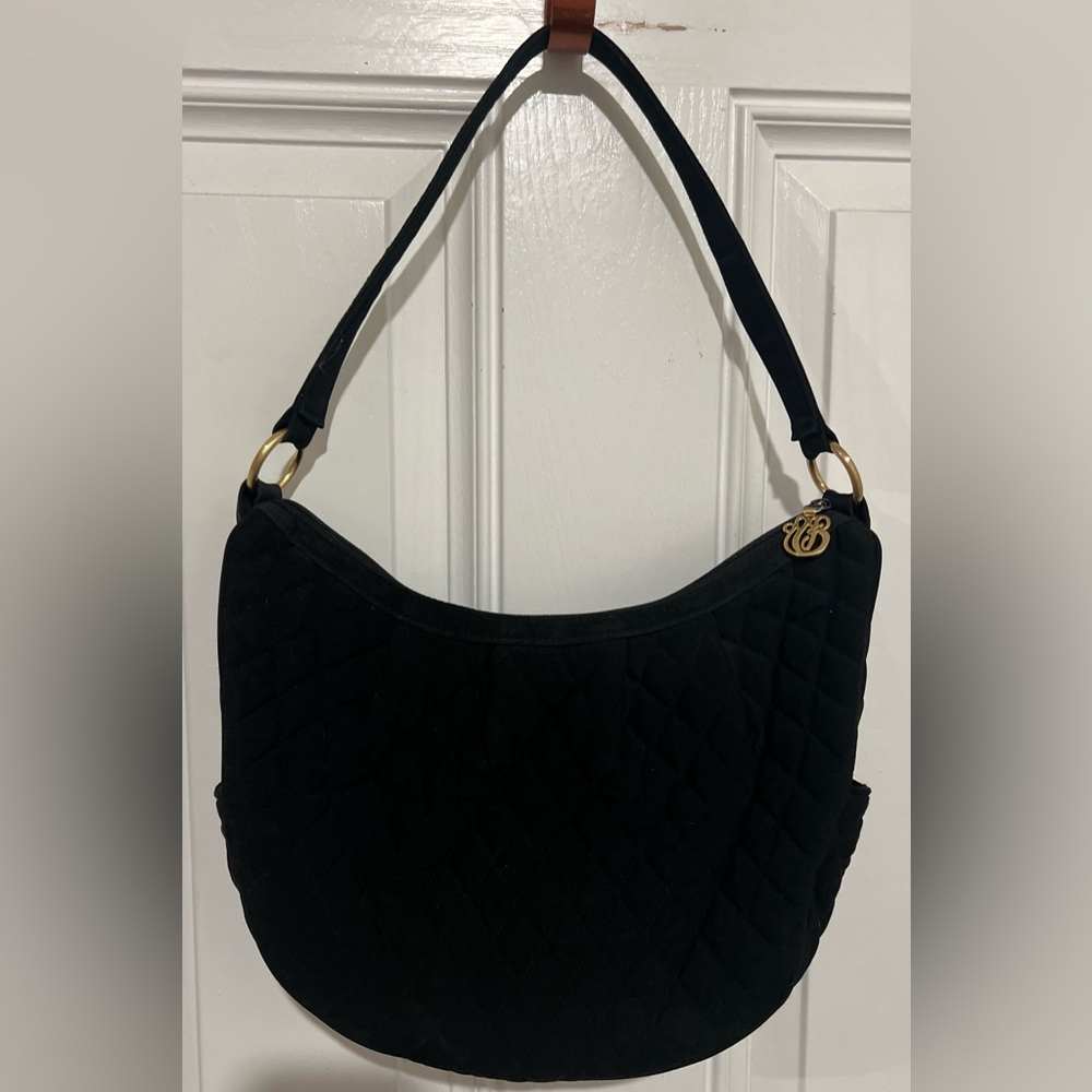 VERA BRADLEY SOLID BLACK QUILTED HOBO PURSE SHOULDER BAG TOTE GOLD HARDWARE